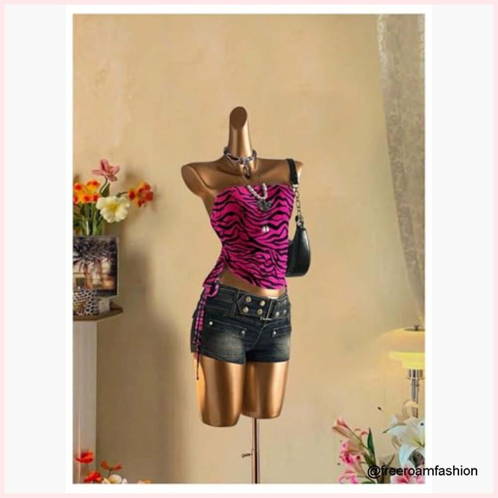 Strapless Tube Top Y2K Grunge Zebra Print Stretchy Fabric Going Out Top - Picture 3 of 5